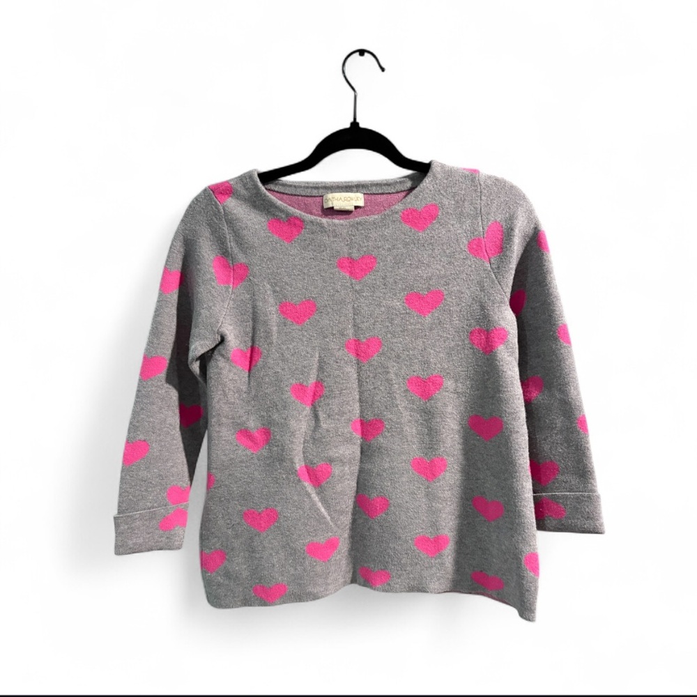 Cynthia Rowley Gray Pink Heart Print Knit Sweater XS 3/4 Sleeve Pullover
